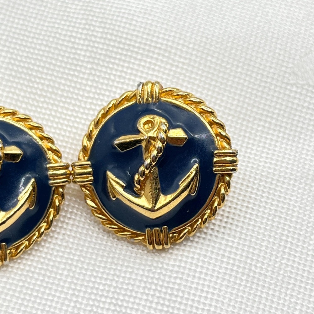 Vintage Gold Tone Nautical Sailor Anchor Posted Earrings w/ Navy Blue Enamel - Picture 3 of 8